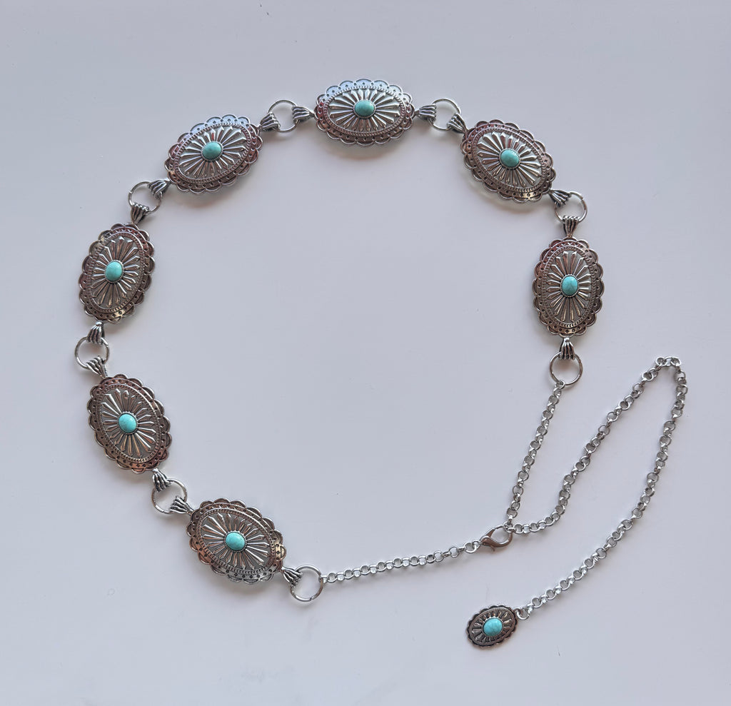 Western Oval Linked Concho Chain Belt (Turquoise Stones)