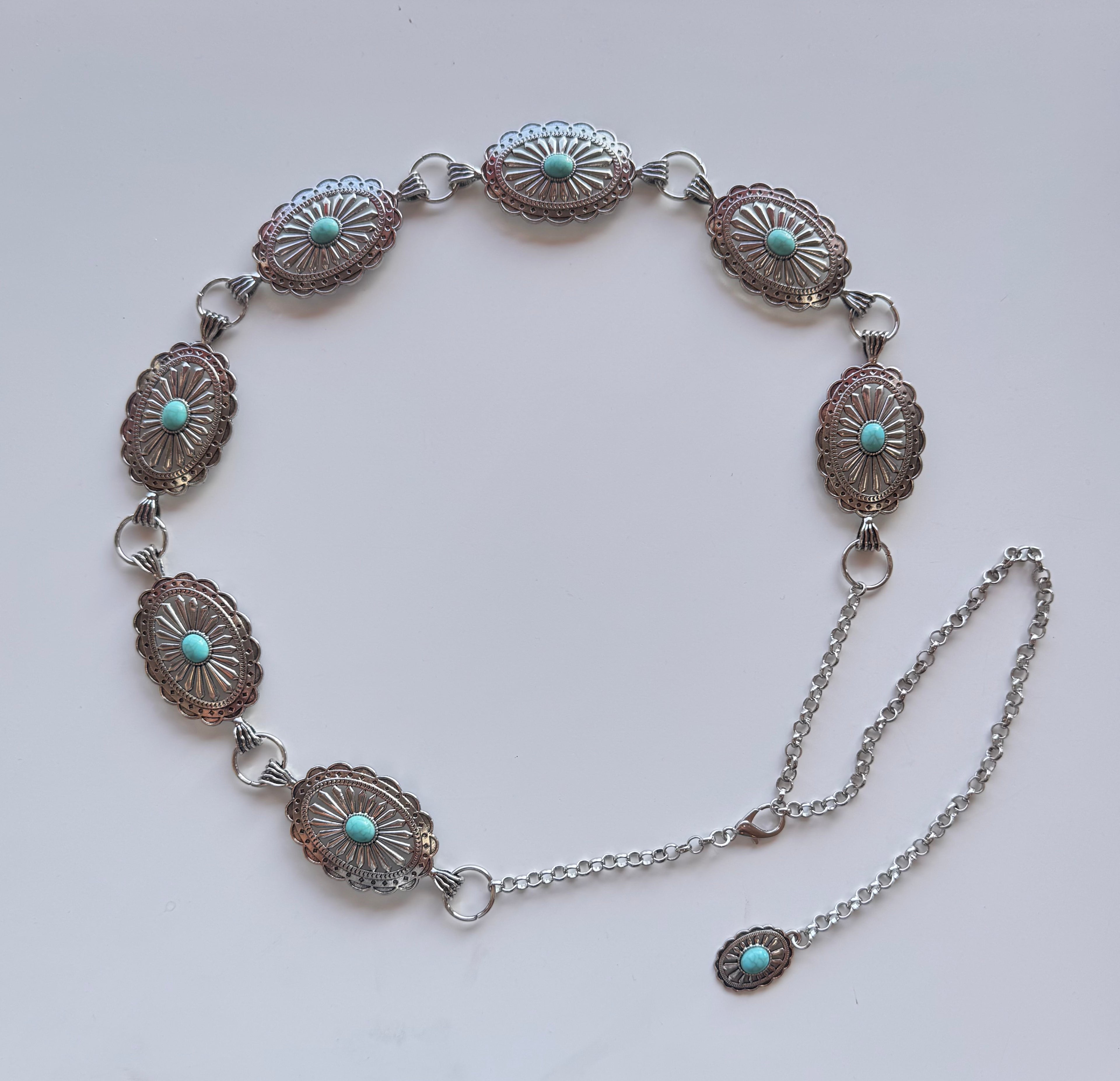Western Oval Linked Concho Chain Belt (Turquoise Stones)