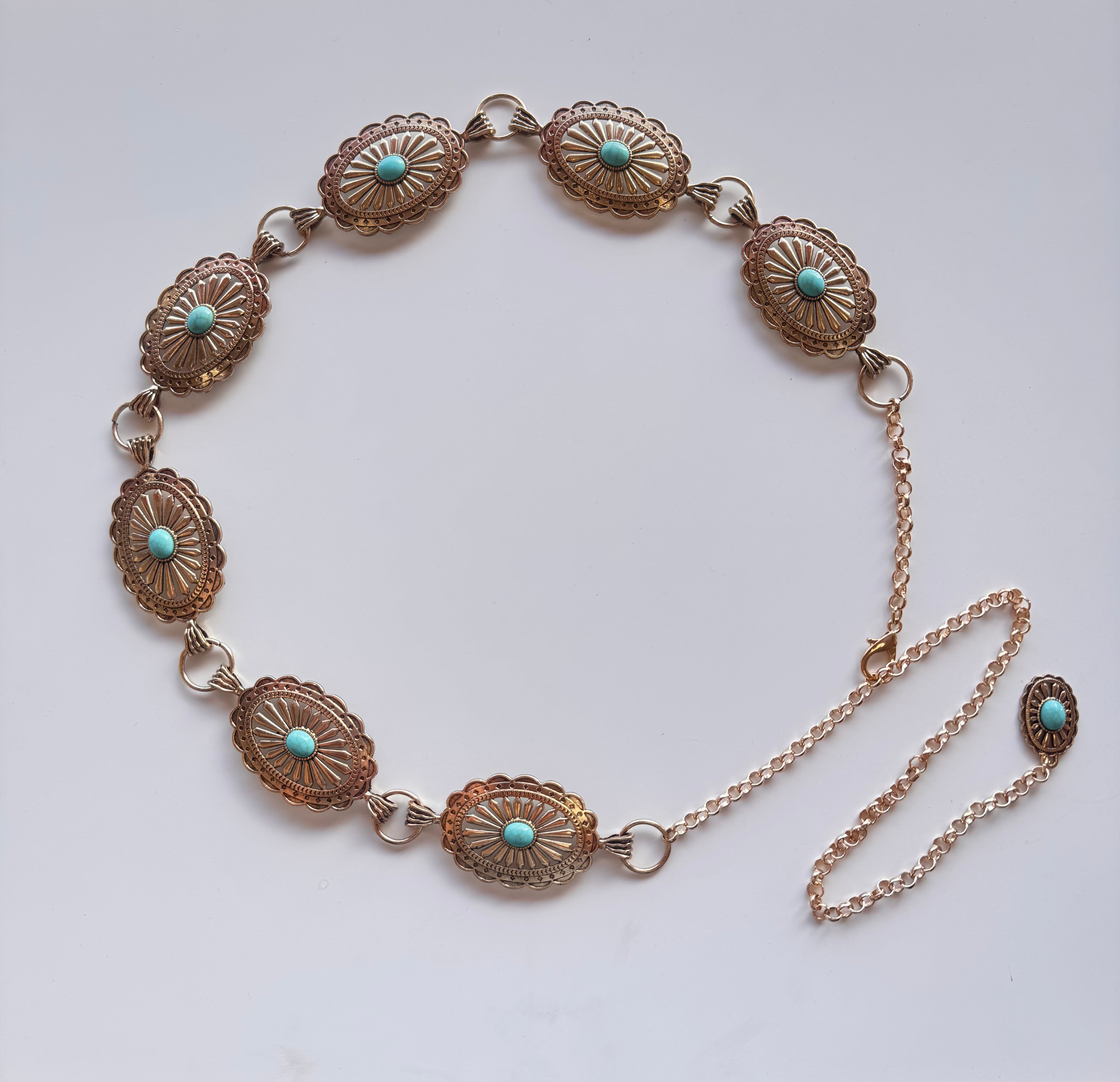 Western Oval Linked Concho Chain Belt (Turquoise Stones)