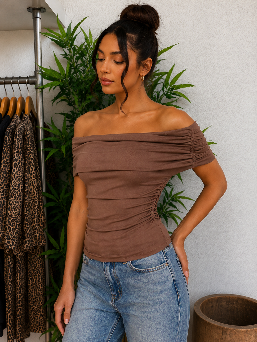 Off the shoulder short sleeve ruched knit top