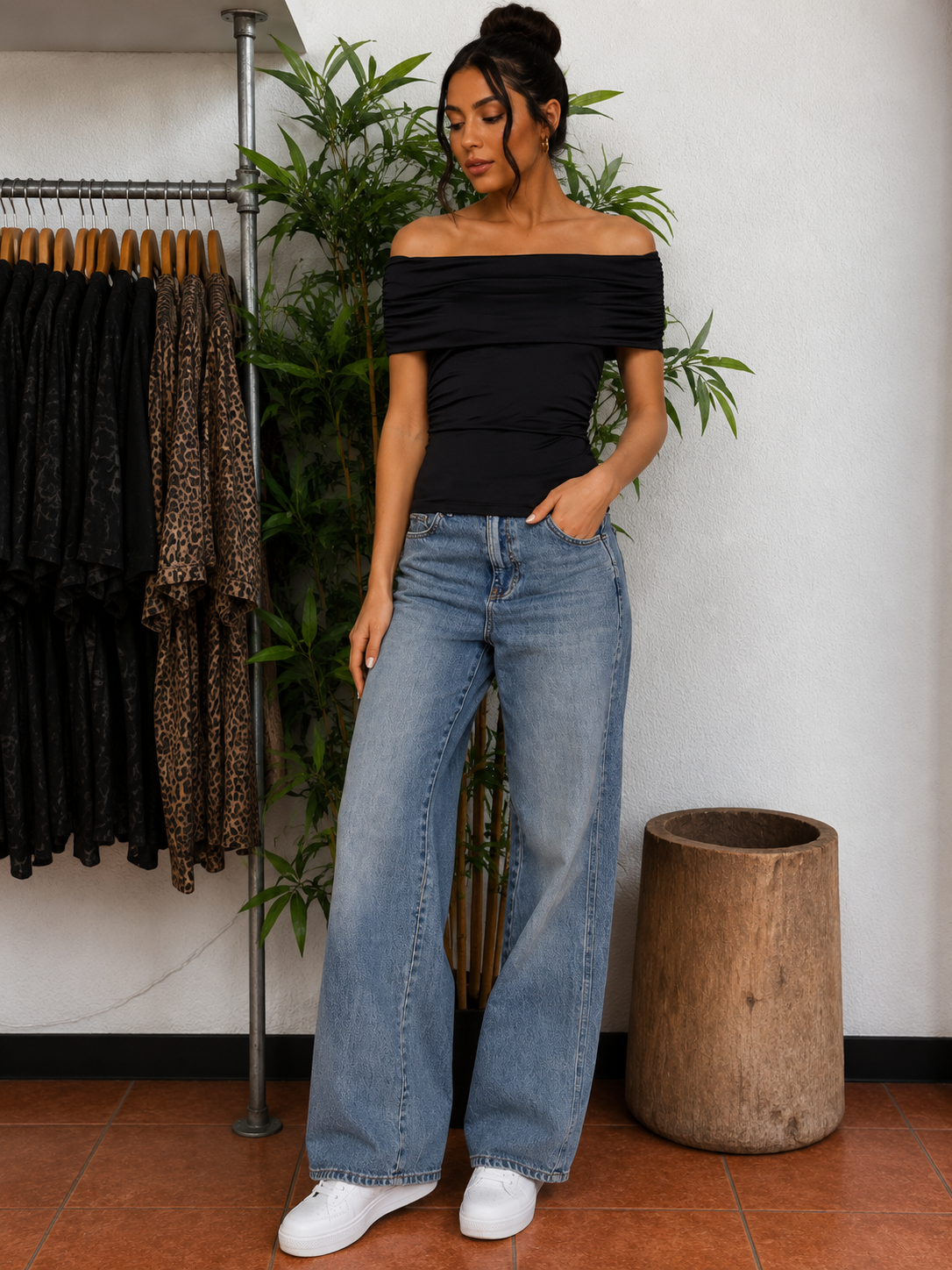 Off the shoulder short sleeve ruched knit top