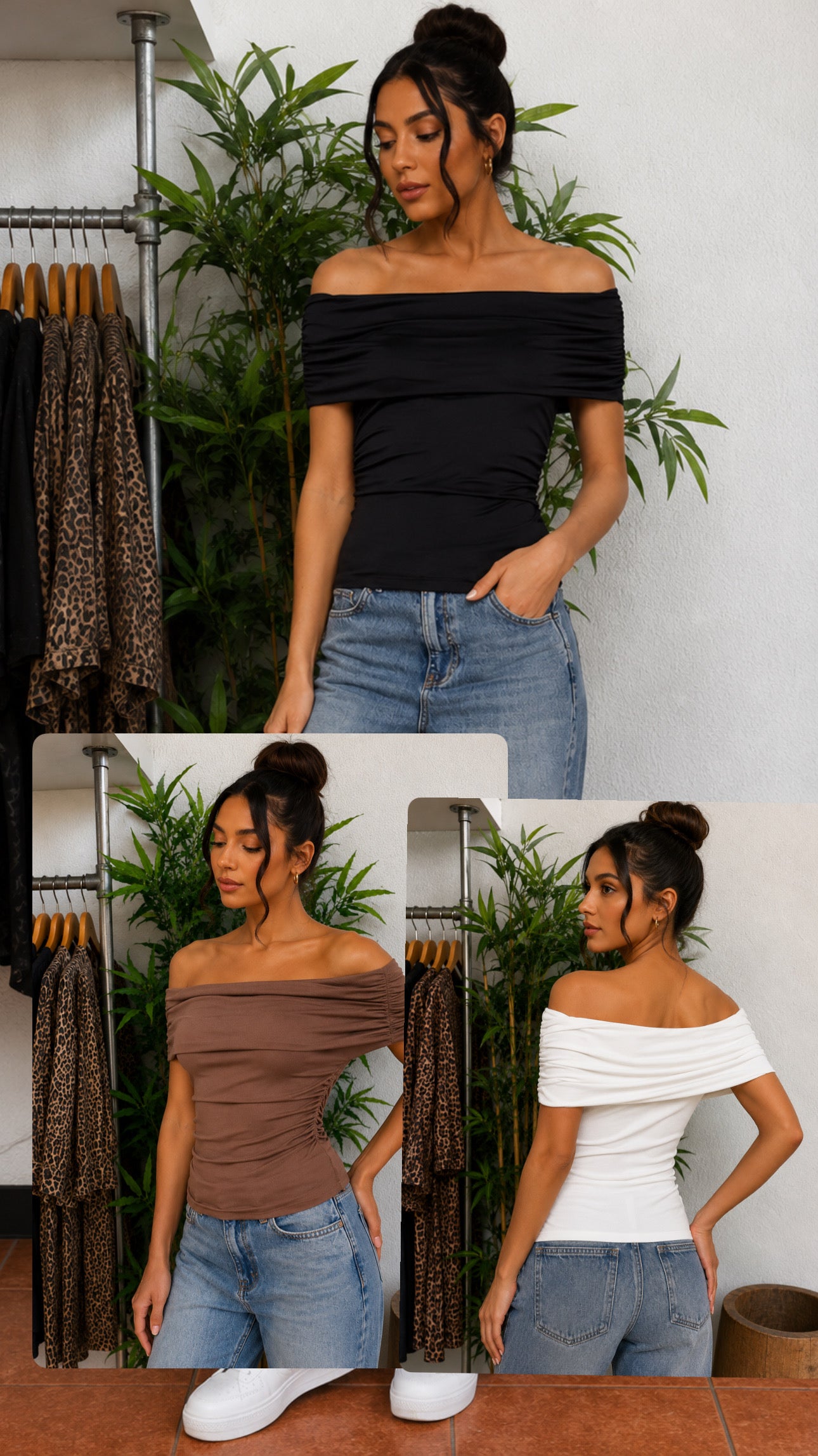 Off the shoulder short sleeve ruched knit top