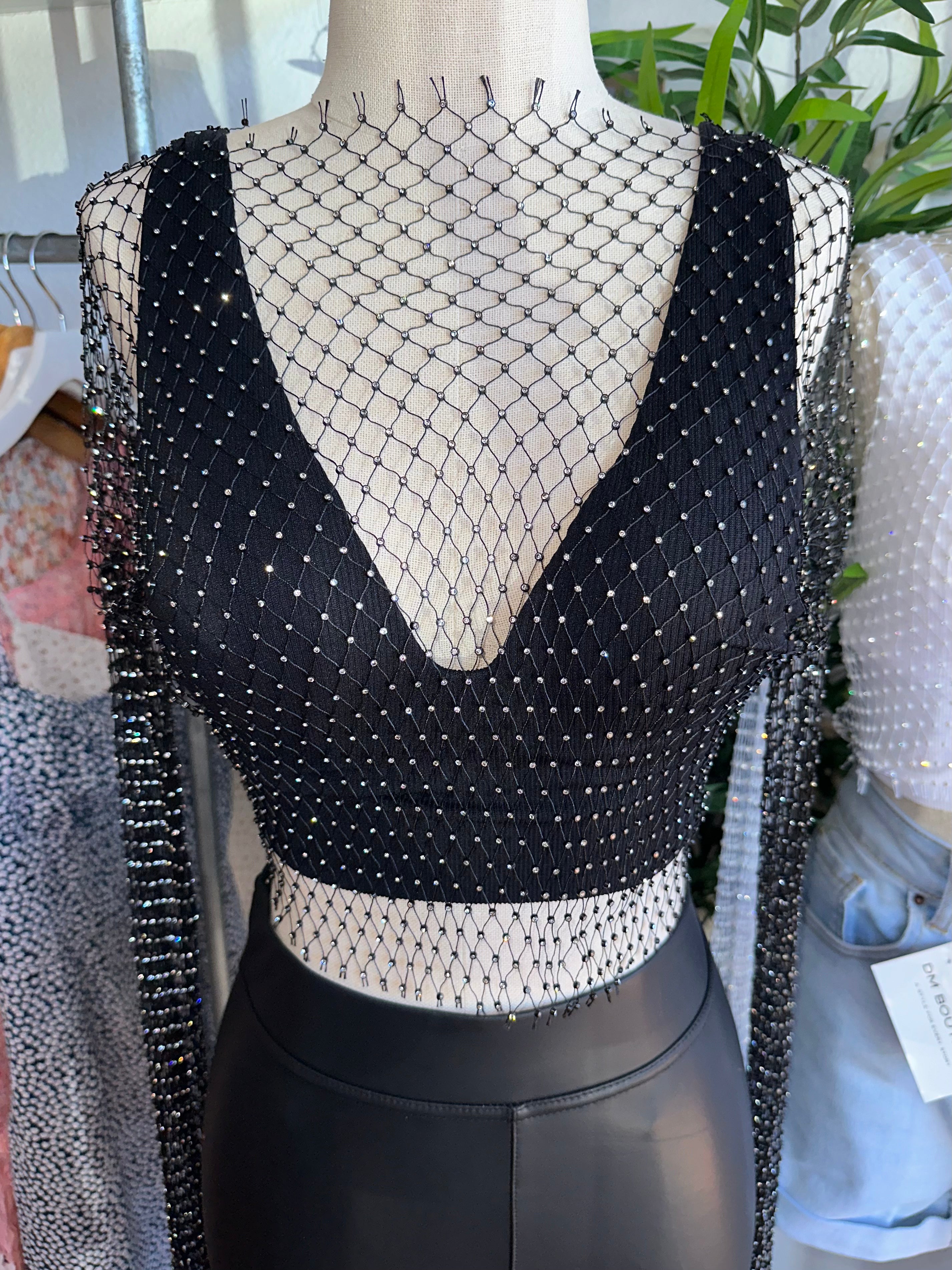 Black Rhinestone Fishnet Top