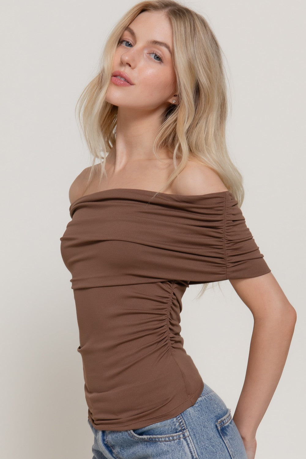 Off the shoulder short sleeve ruched knit top