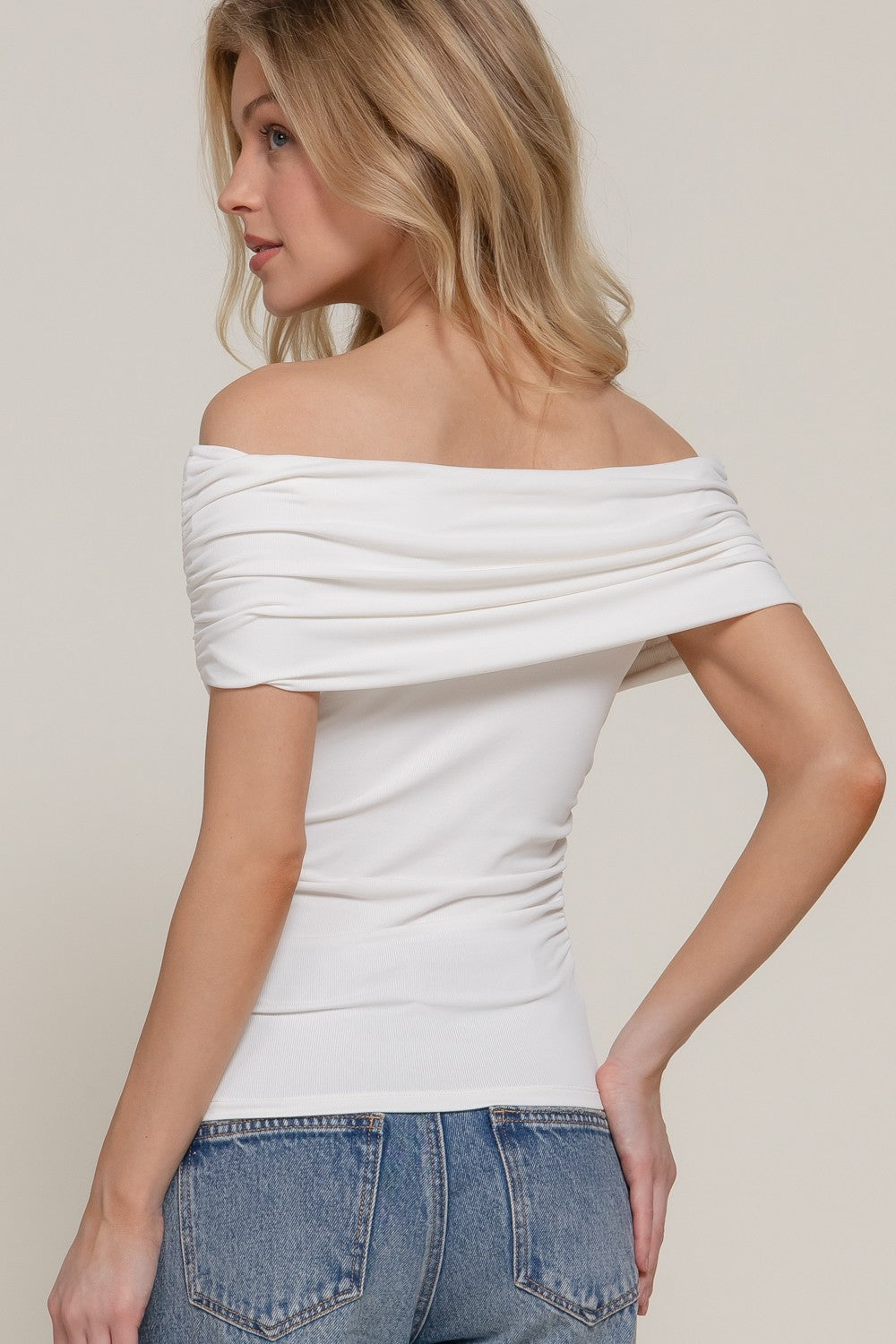 Off the shoulder short sleeve ruched knit top