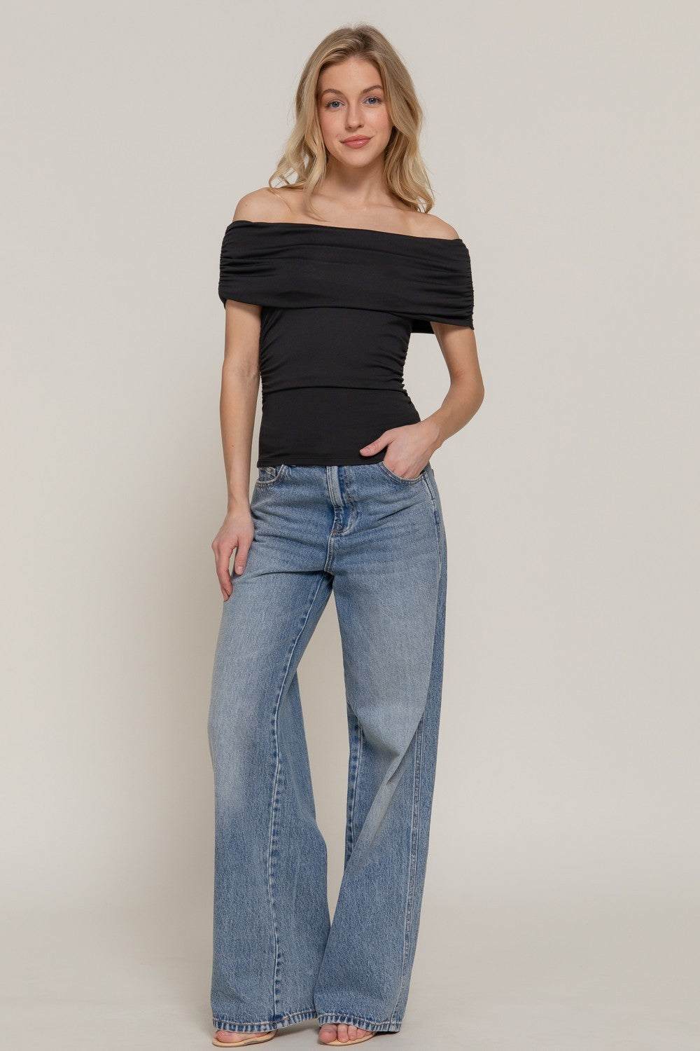 Off the shoulder short sleeve ruched knit top