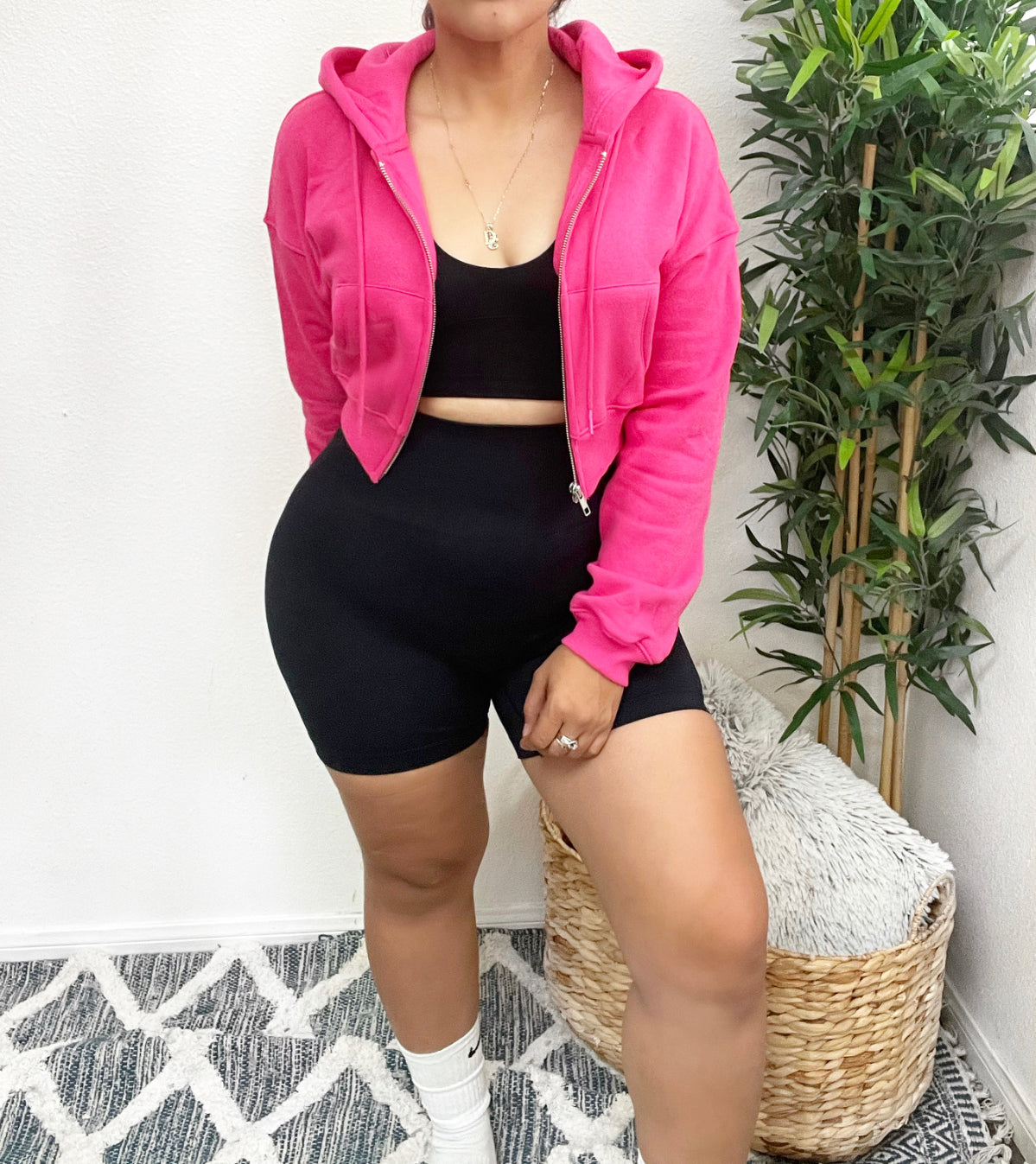 Material Girl Cropped Hoodie (Hot Pink)